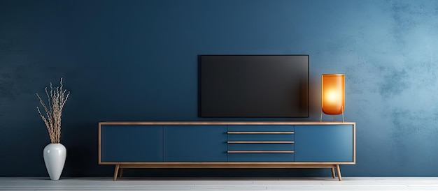 Modern empty room with dark blue wall tv cabinet