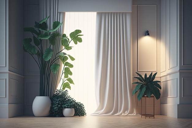 Modern empty room with plants lamp and drapery