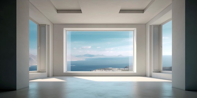 바다 전망과 창문이 있는 현대적인 빈 방 Generative ai 일러스트레이션