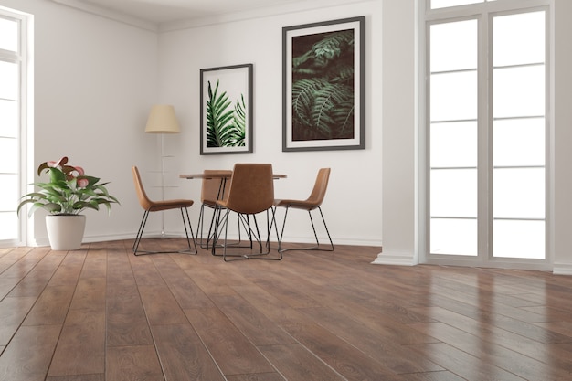 Photo modern empty room with table, chairs, plant and lamp interior design.