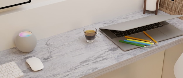 Modern empty space on marble computer desk with laptop and decor 3d rendering