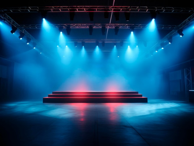 Modern empty stage background with blue fog and ceiling spotlights mockup Generative AI