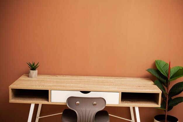 Modern empty wooden table and green plant