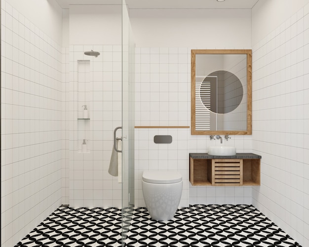 Modern en eenvoudig klein badkamerontwerp met wandtegel en patroonvloer
