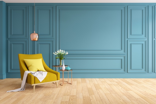 Modern en klassiek woonkamer binnenlands ontwerp, gele leunstoel met houten vloer en blauwe muur, het 3d teruggeven