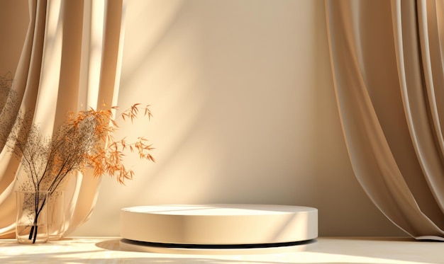 Modern en luxe leeg beige rond podium met bruin gordijn en herfstbladeren in beige kamer met schaduw lichte achtergrond Elegante scène voor productfotografie