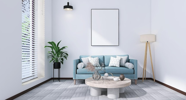 Modern en minimaal woonkamerinterieur met lege fotolijst mockup sofa tafel witte muur