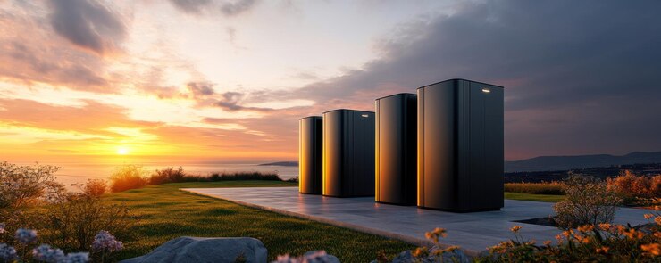 Photo modern energy storage solutions at sunset