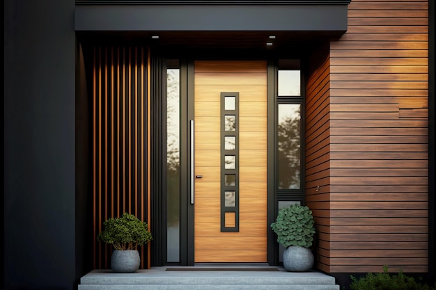 Modern entrance door of house with wooden elements and black trim