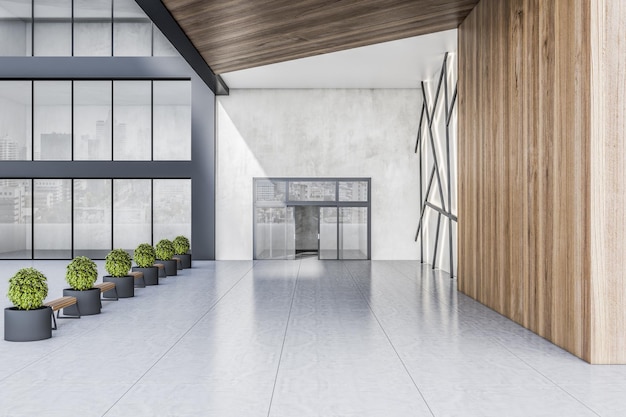 Modern entrance group of stylish business center outdoor with wooden benches green trees in black floor vases and wooden wall decoration 3D rendering