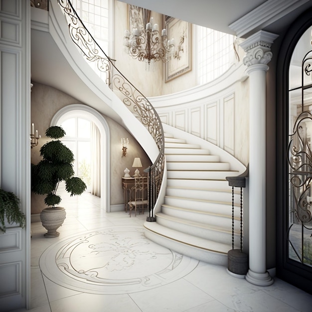 Modern entrance hall with a staircase in the villa