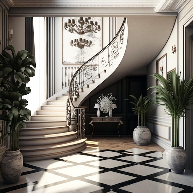 Photo modern entrance hall with a staircase in the villa