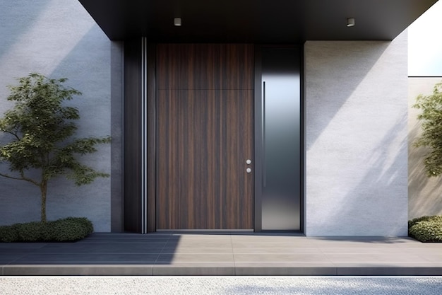 A modern entrance with a wooden door and a planter on the front.