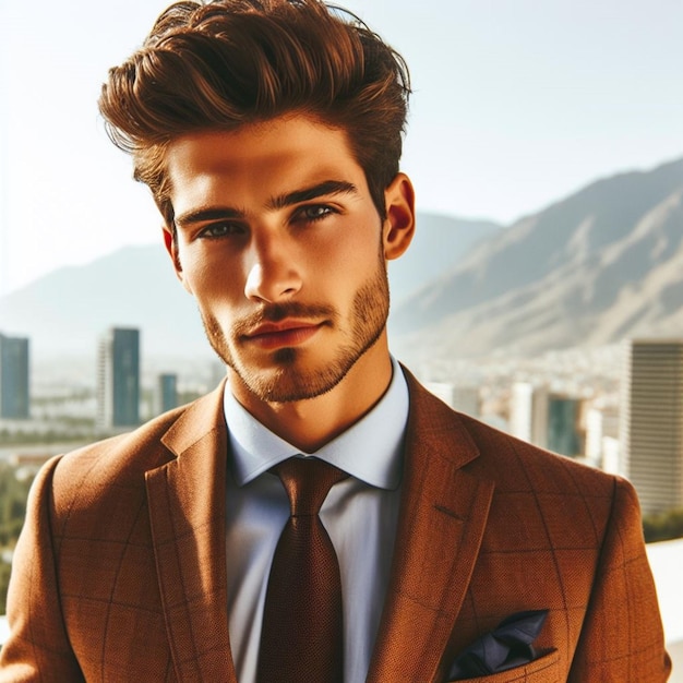 modern entrepreneur confidently displays elegance in a caramel brown suit with matching tie