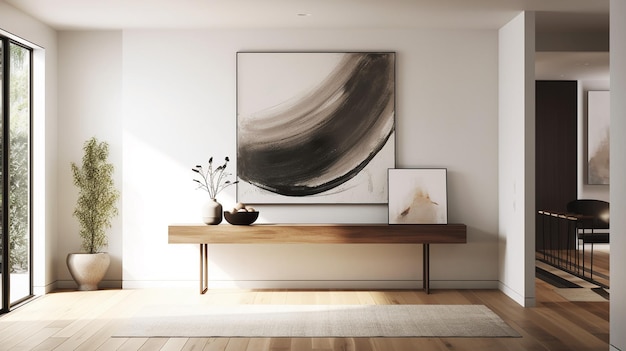 A modern entryway with clean lines a statement artwork and a sleek console table