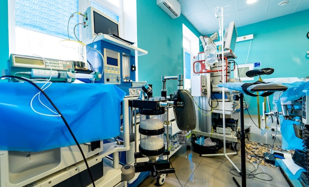 Modern equipment in operating room. Medical devices for neurosurgery. Background. Operating theatre. Selective focus.