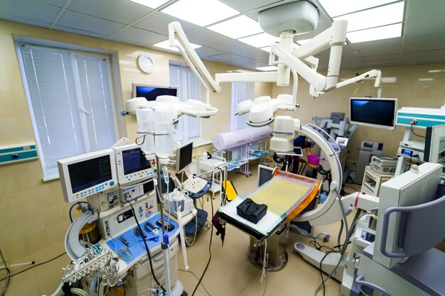 Modern equipment in operating room. Medical devices for neurosurgery. Background. Operating theatre. Selective focus.