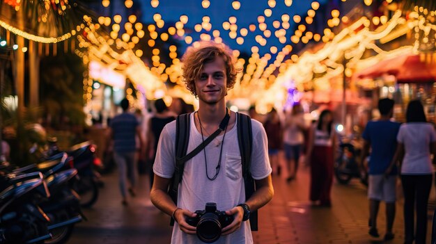 Modern european man holding camera thailand during a party