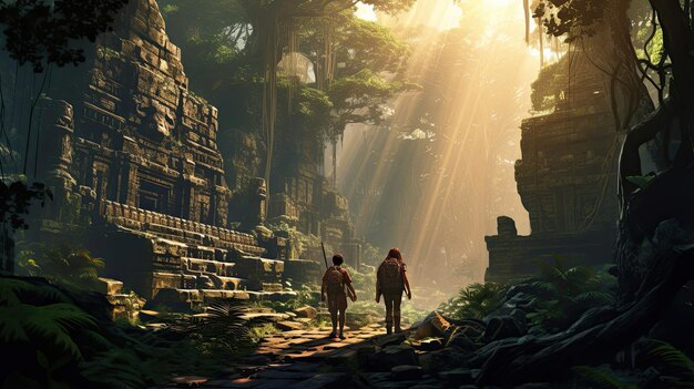 Modern explorers discovering ancient ruins in a jungle