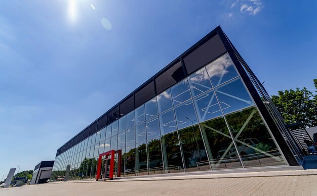 Modern exterior architecture and facades of office building showing entrance areas structure and walking space closeup