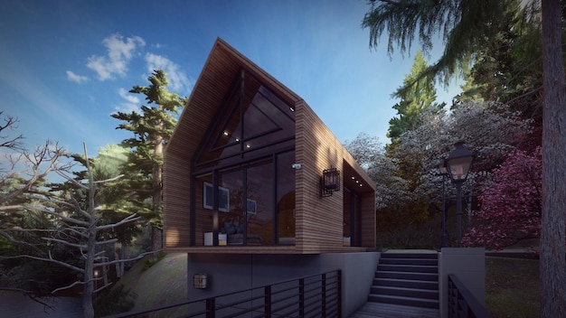 Современный внешний вид деревянного дома, архитектура, современный стиль, красивый вид, 3d иллюстрация