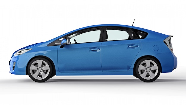 Photo modern family hybrid blue car on a white surface with a shadow on the ground