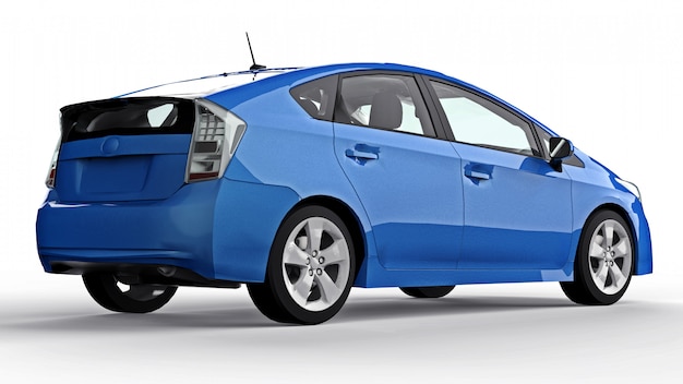 Automobile blu ibrida della famiglia moderna su una superficie bianca con un'ombra sulla terra