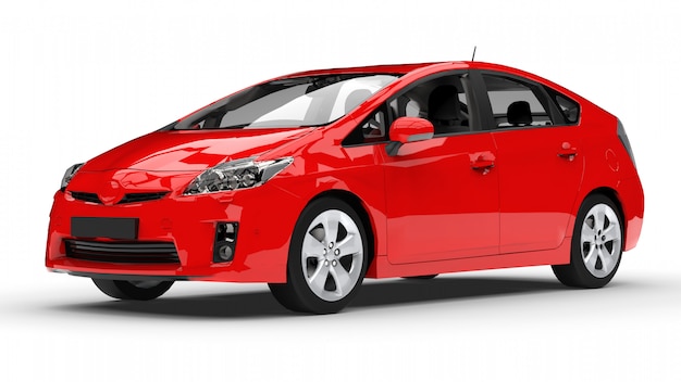 Modern family hybrid car red on a white space with a shadow on the ground. 3d rendering.