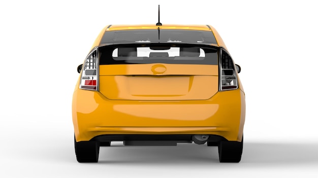 Modern family hybrid car yellow on a white background with a shadow on the ground. 3d rendering.