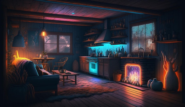 Modern fantastic home neon illustration living room interior design AI Generated image
