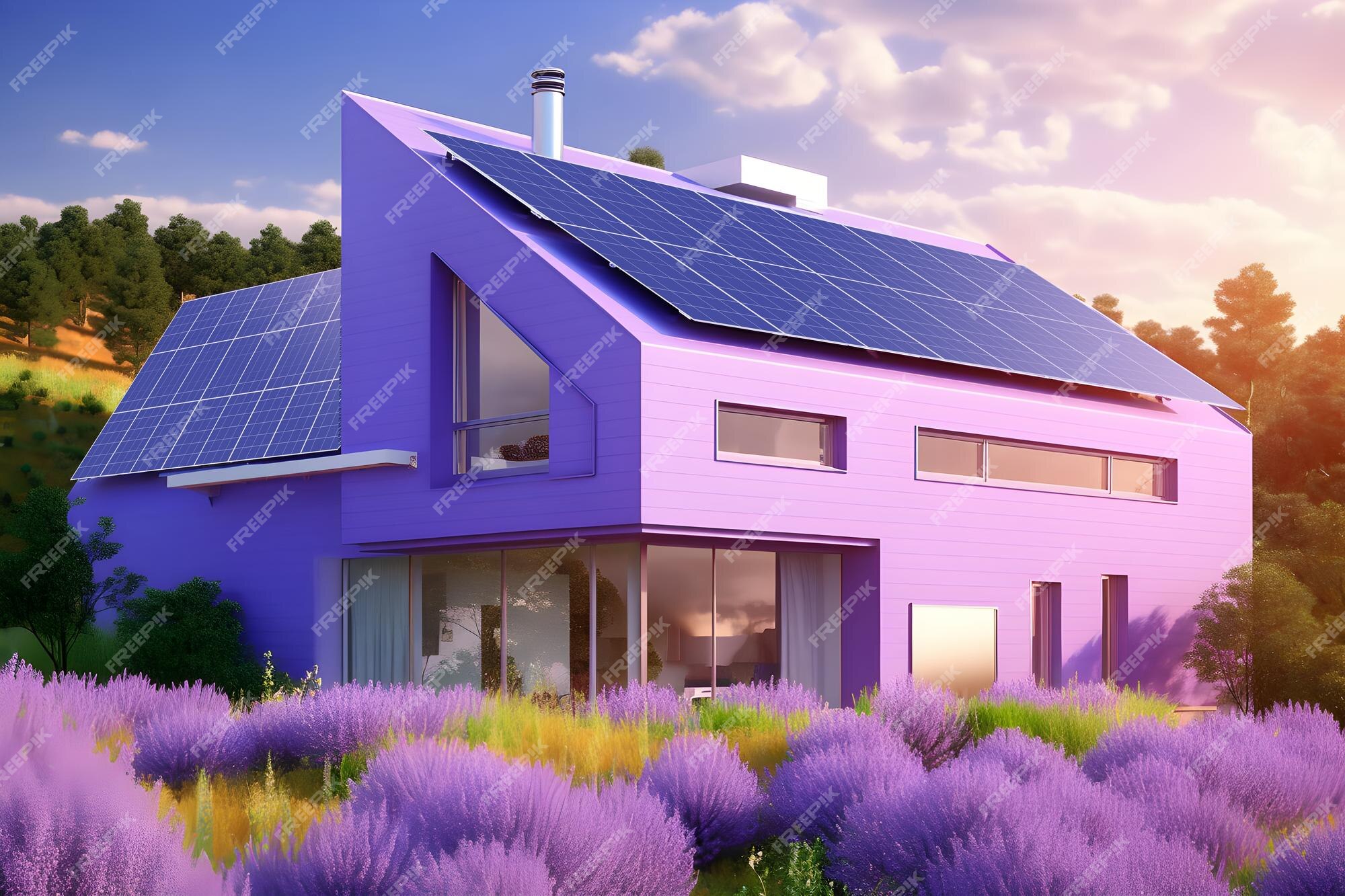 Premium AI Image Modern Farm House At Sunset With Solar Panels In premium-ai-image-modern-farm-house-at-sunset-with-solar-panels-in