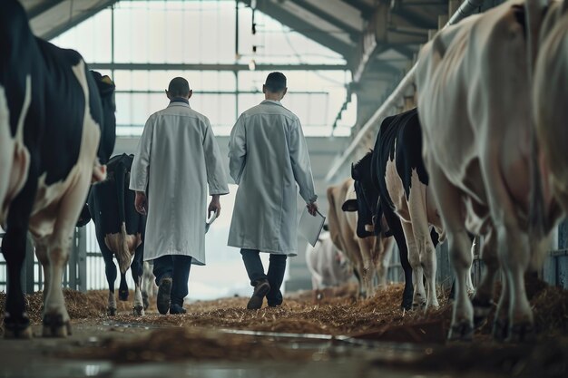 현대적 인 농장 노동자 들 이 클립보드 를 가지고 창고 에서 가축 을 점검 하고 있다