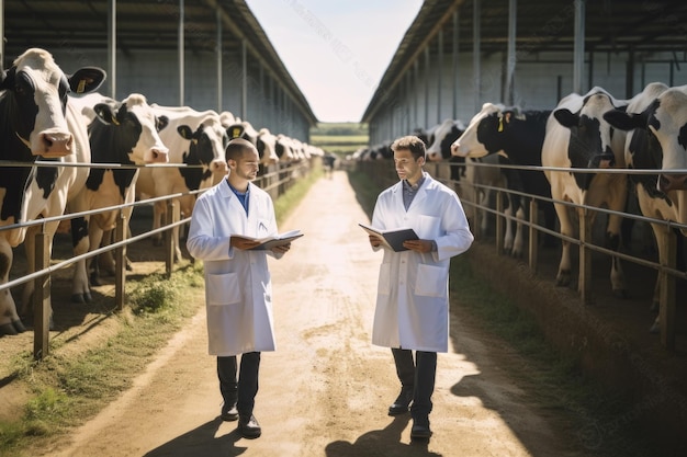 Foto lavoratori agricoli moderni che ispezionano il bestiame nel capanno