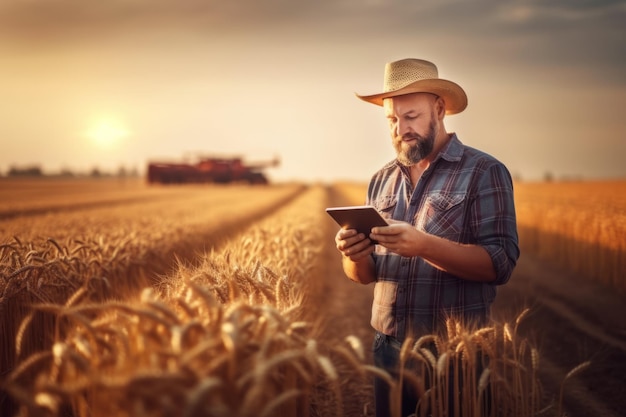 A modern farmer using a digital tablet to review harvest and crop performance