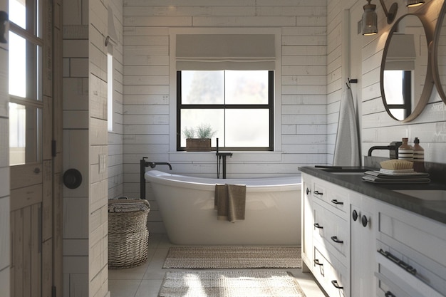 Modern farmhouse bathroom with shiplap walls and m