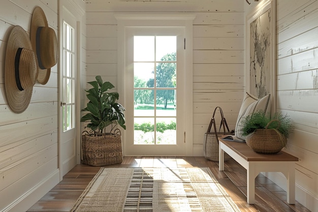 Modern farmhouse entryway with shiplap walls and v