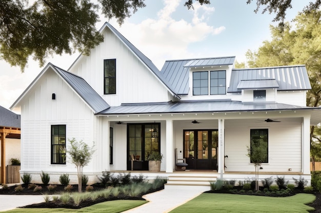 Modern farmhouse exterior with fresh paint sleek metal roof and wrap around porch