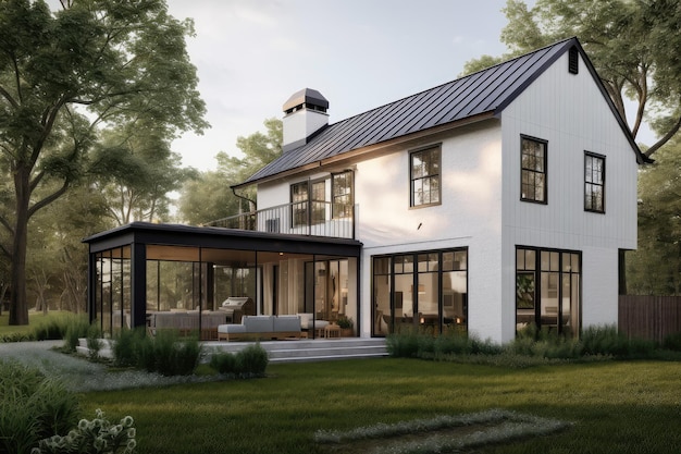 Modern farmhouse exterior with large windows and screened porch surrounded by lush greenery