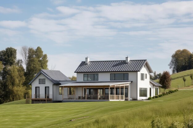 Modern farmhouse house exterior with view of the countryside and rolling hills