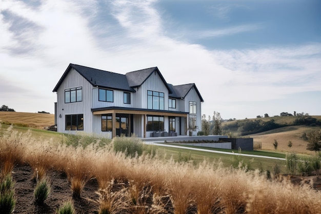 Modern farmhouse house exterior with view of the countryside and rolling hills