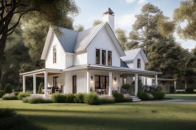 Modern farmhouse house with wraparound porch and swing