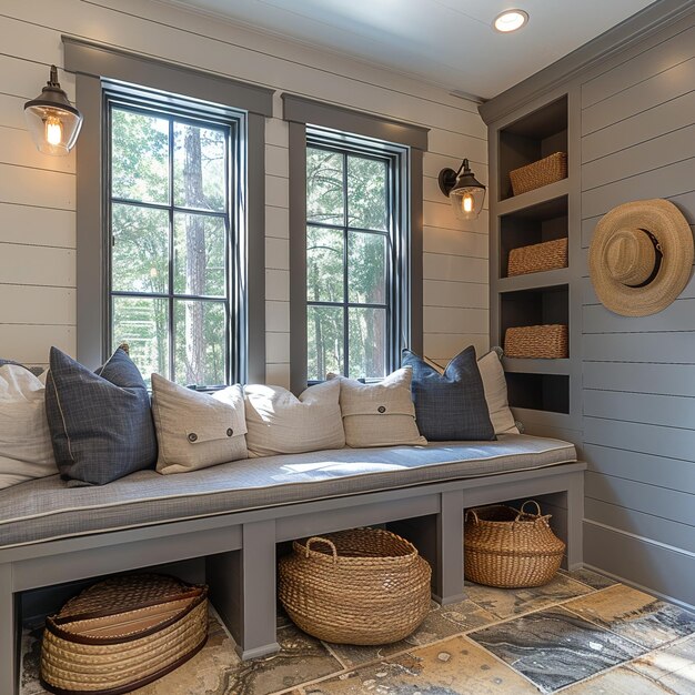 Photo modern farmhouse mudroom with storage benches and shiplap walls