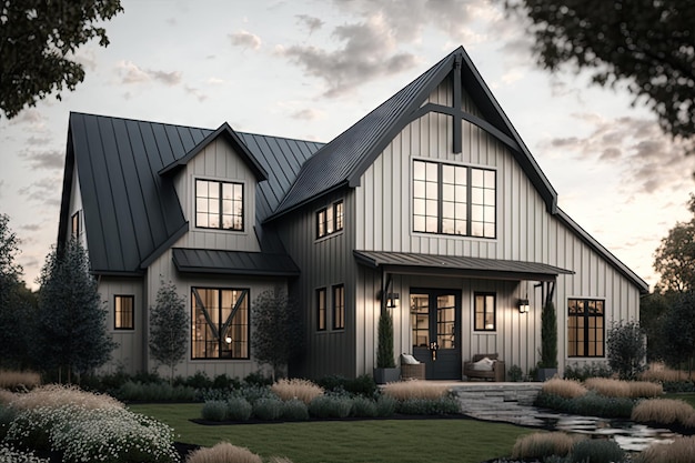 Modern farmhouse with sleek exterior and contemporary accents