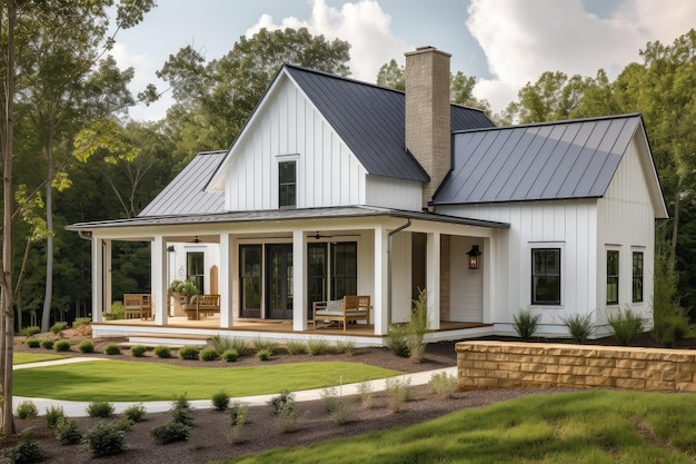 Modern farmhouse with wraparound porch and natural landscaping