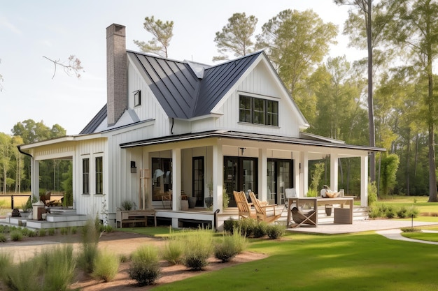 Modern farmhouse with wraparound porch rocking chairs lanterns