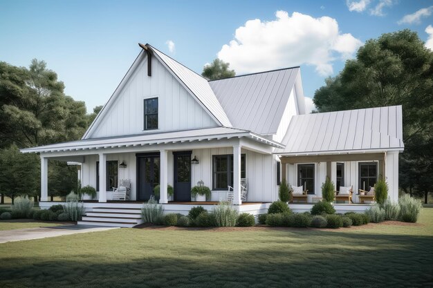 Modern farmhouse with wraparound porch and swing overlooking peaceful country landscape