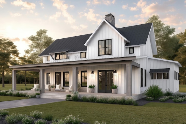 Modern farmhouse with wraparound porch and view of the mountains