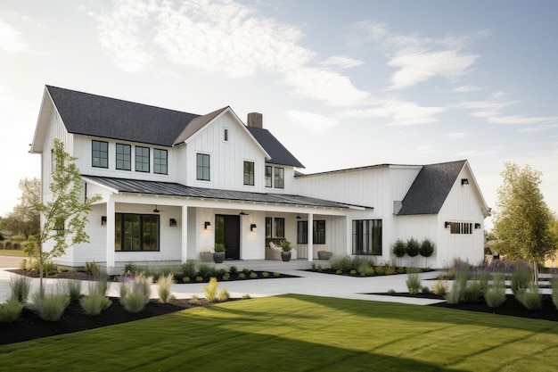 Modern farmhouse with wraparound porch and white exterior