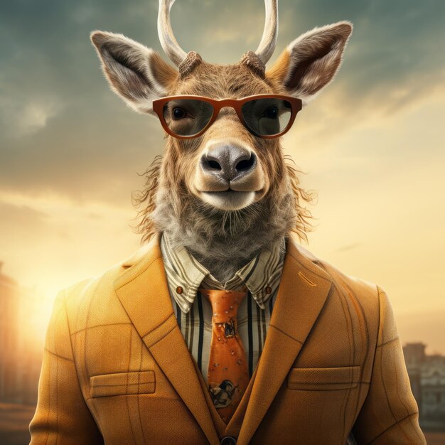 モダン・ファッション 眼鏡をかぶった超現実的な都市の鹿飼い