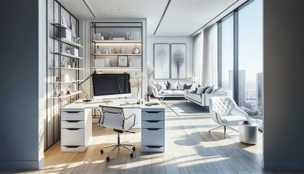 A modern and fashionable home office with a bright and airy design the office includes a minimalist